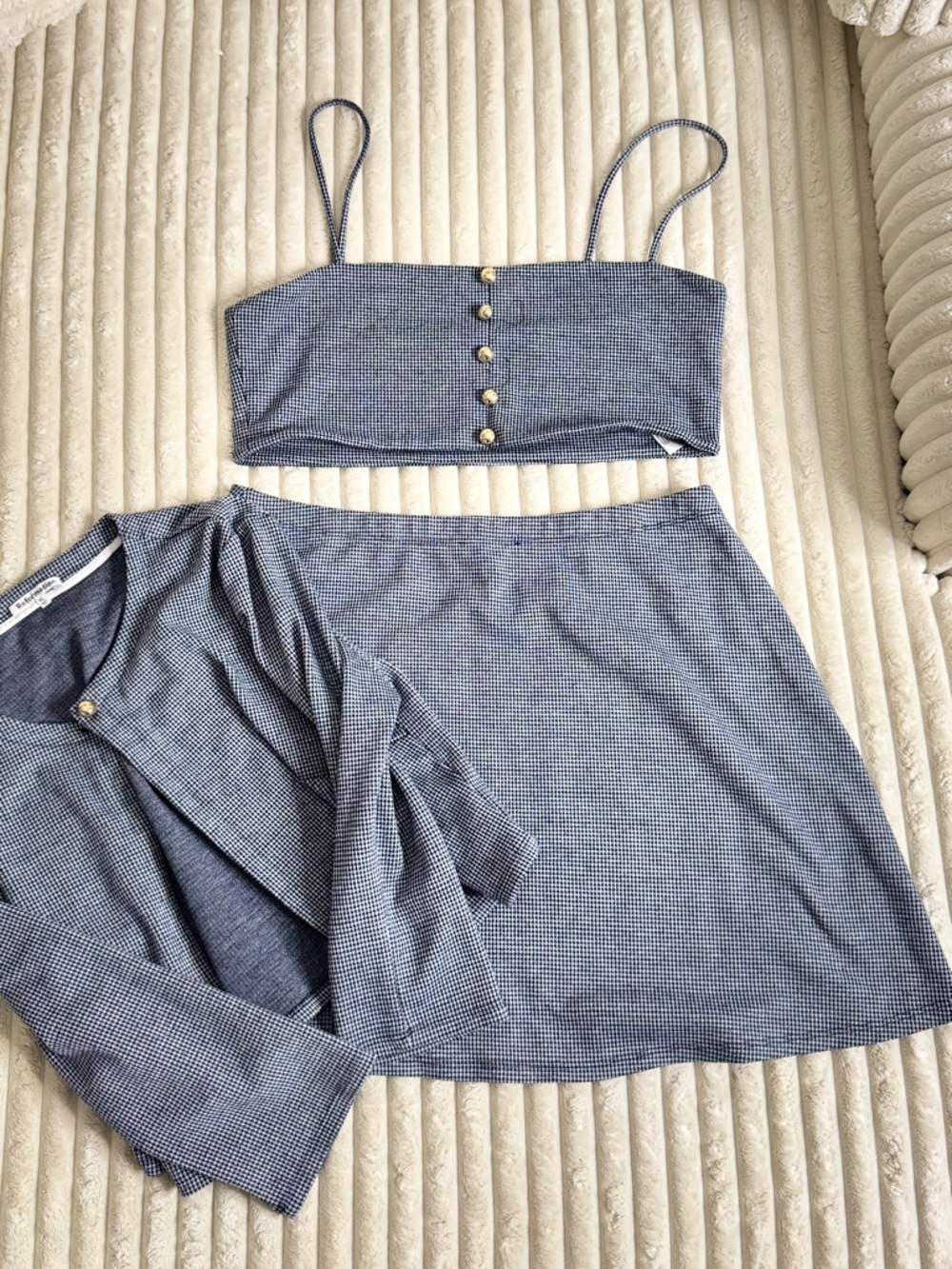 Reformation Blue Checked Three-Piece Set with Buttoned Crop Top